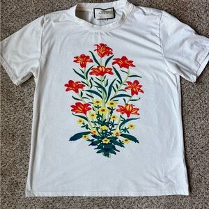 Gucci White Tee with Red Floral Design